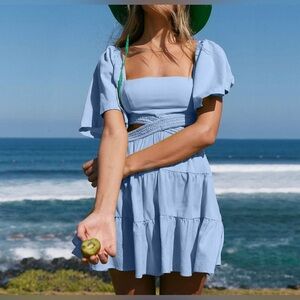 Shy Velvet Summer Dress Square Neck Short Sleeves Crossover Size Small Blue EUC